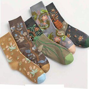 Botanical Patterns, Cotton Socks 5 Pair Med